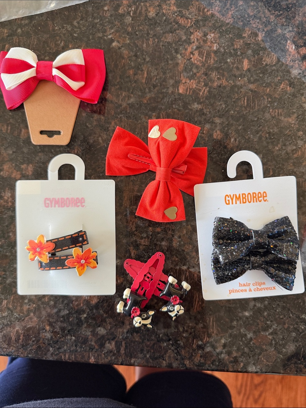 Gymboree Red, White, Pink, Black Glitter, Orange Flower Hair Clip Set